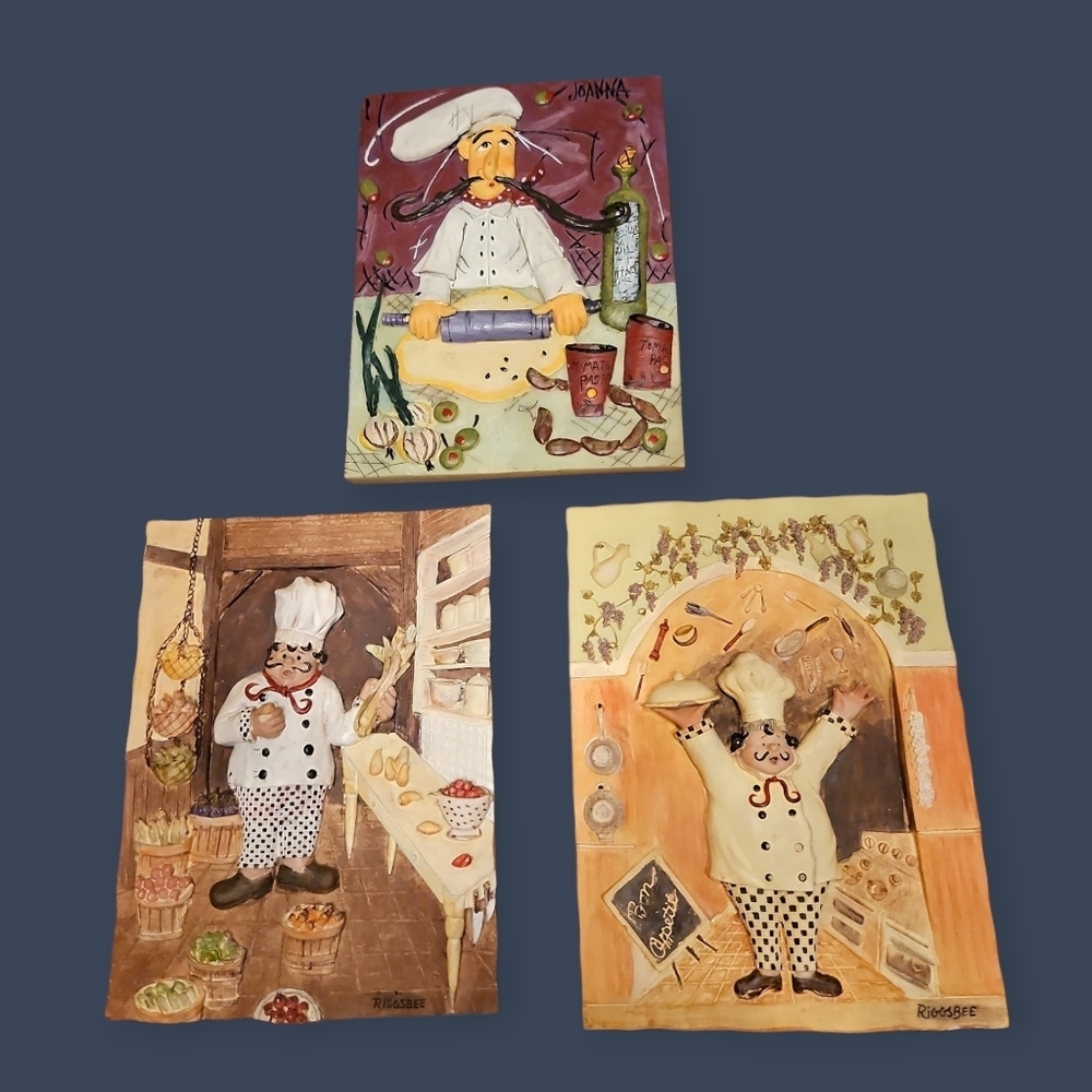 RIGGSBEE & JOANNA Set of Three Italian Bistro Chefs Kitchen Resin 3D Wall Tiles